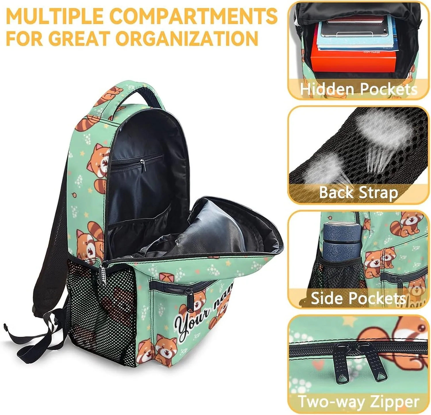 Personalized Red Panda Backpack for Girls Boys, 16 Inch School Bookbag with Adjustable Straps, Travel Bag Durable, Lightweight, Large Capacity