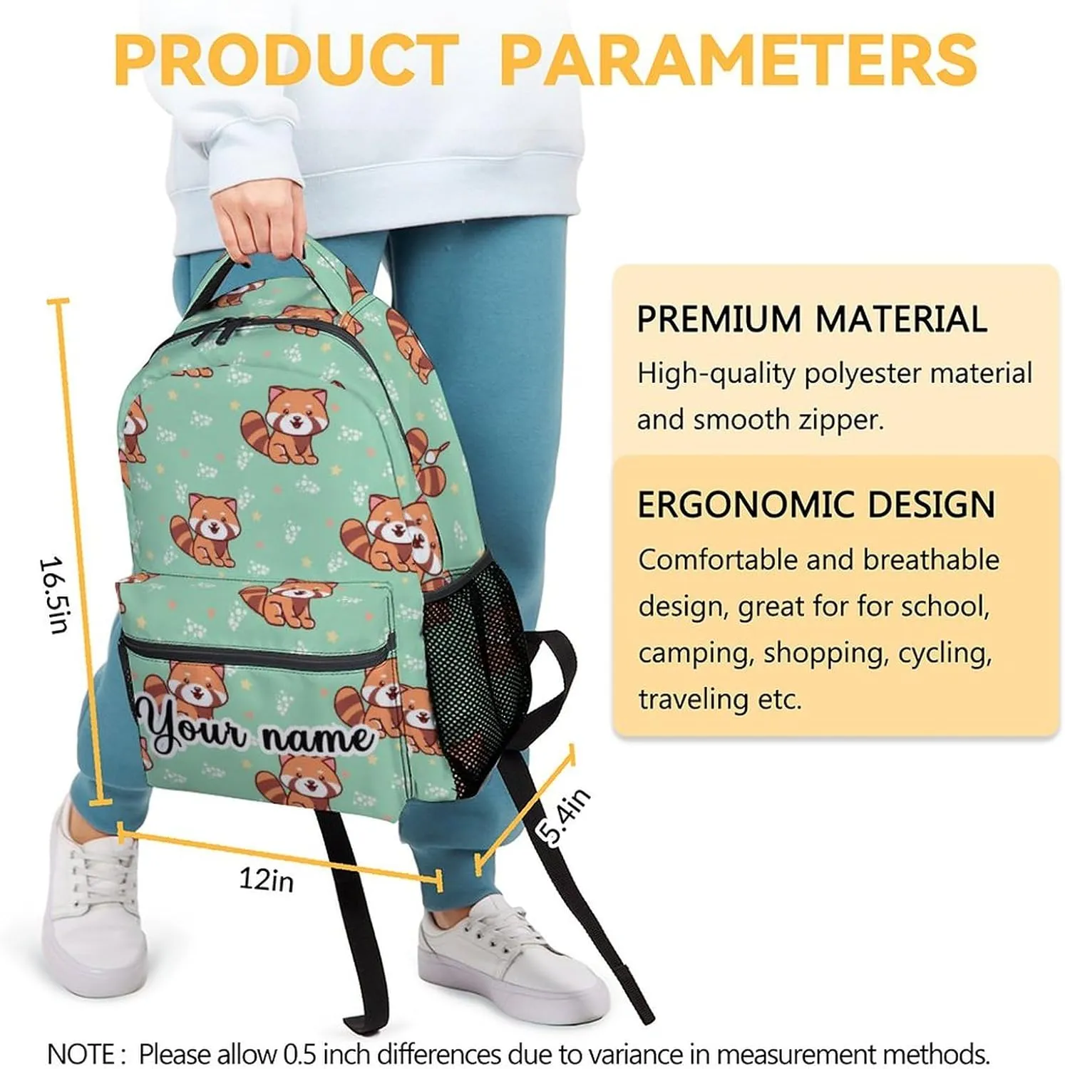 Personalized Red Panda Backpack for Girls Boys, 16 Inch School Bookbag with Adjustable Straps, Travel Bag Durable, Lightweight, Large Capacity
