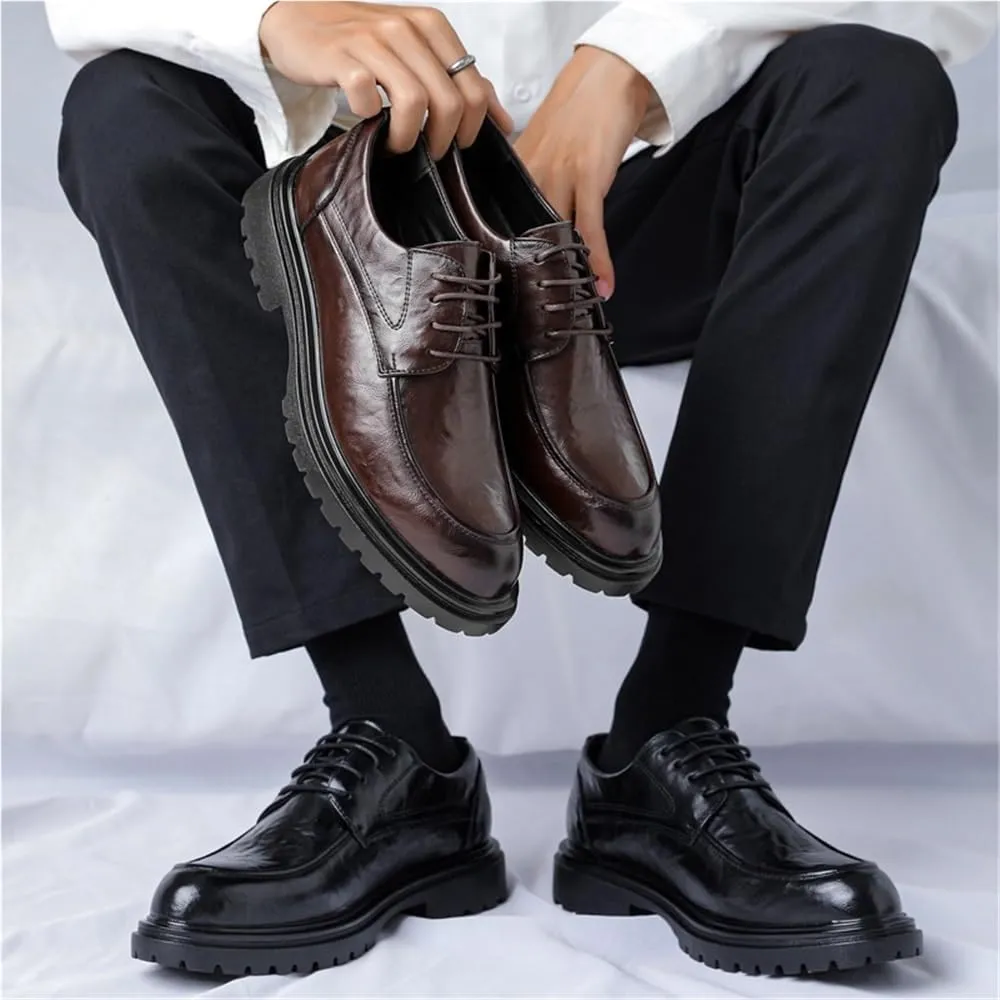 Platform Work Oxfords Round Toe Slip Resistant Low Top Comfortable Business Formal Shoes Mens Patent Leather Lace Up Lightweight for Everyday Wear