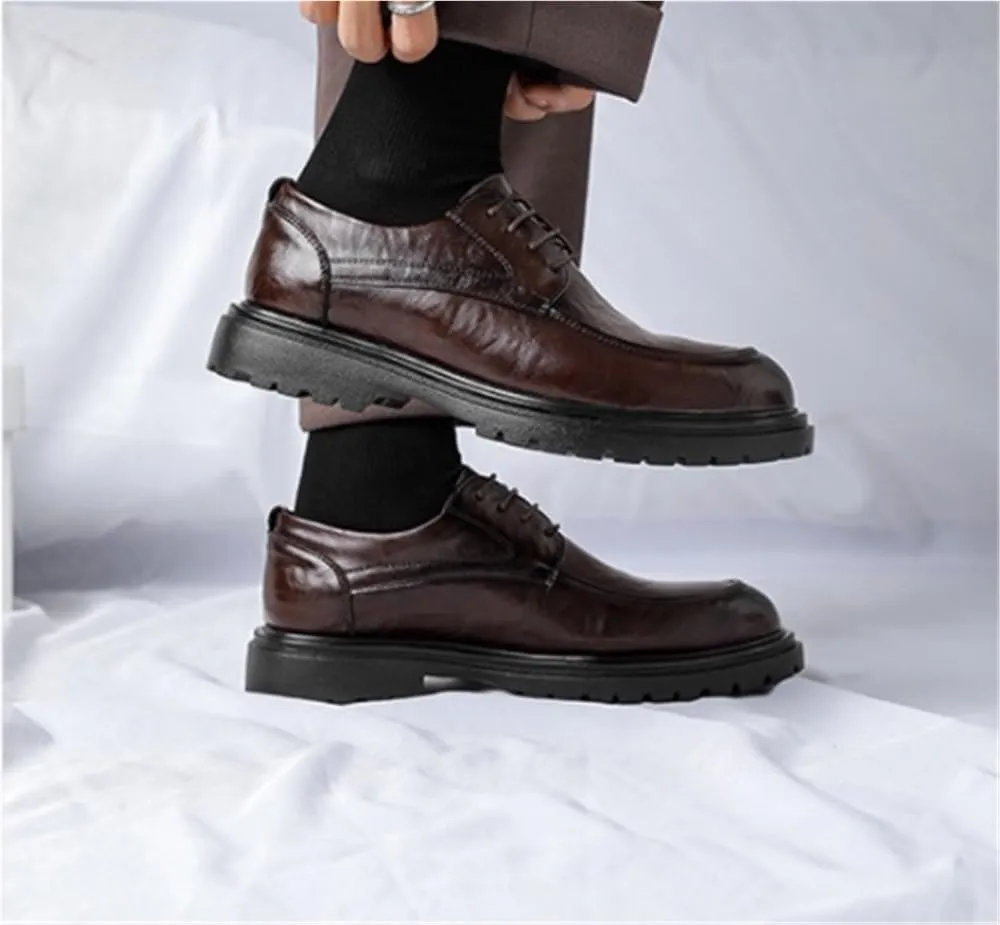 Platform Work Oxfords Round Toe Slip Resistant Low Top Comfortable Business Formal Shoes Mens Patent Leather Lace Up Lightweight for Everyday Wear