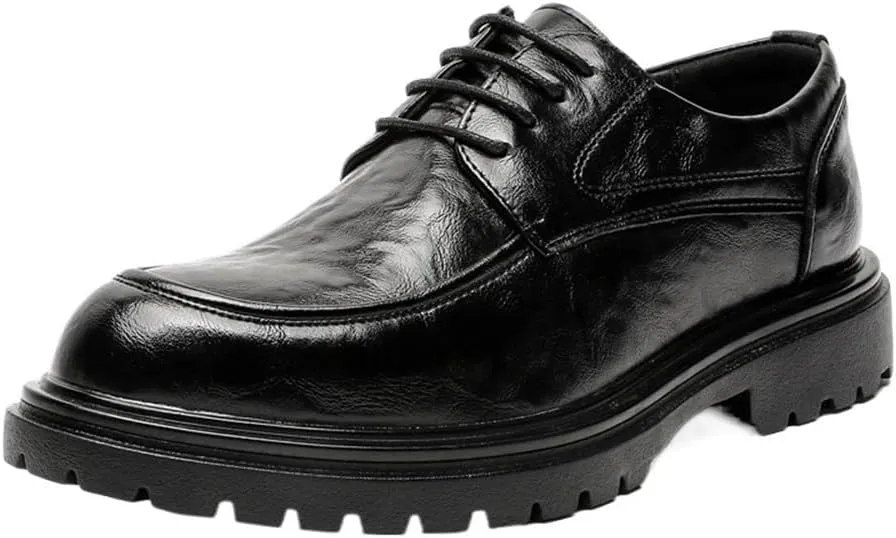 Platform Work Oxfords Round Toe Slip Resistant Low Top Comfortable Business Formal Shoes Mens Patent Leather Lace Up Lightweight for Everyday Wear