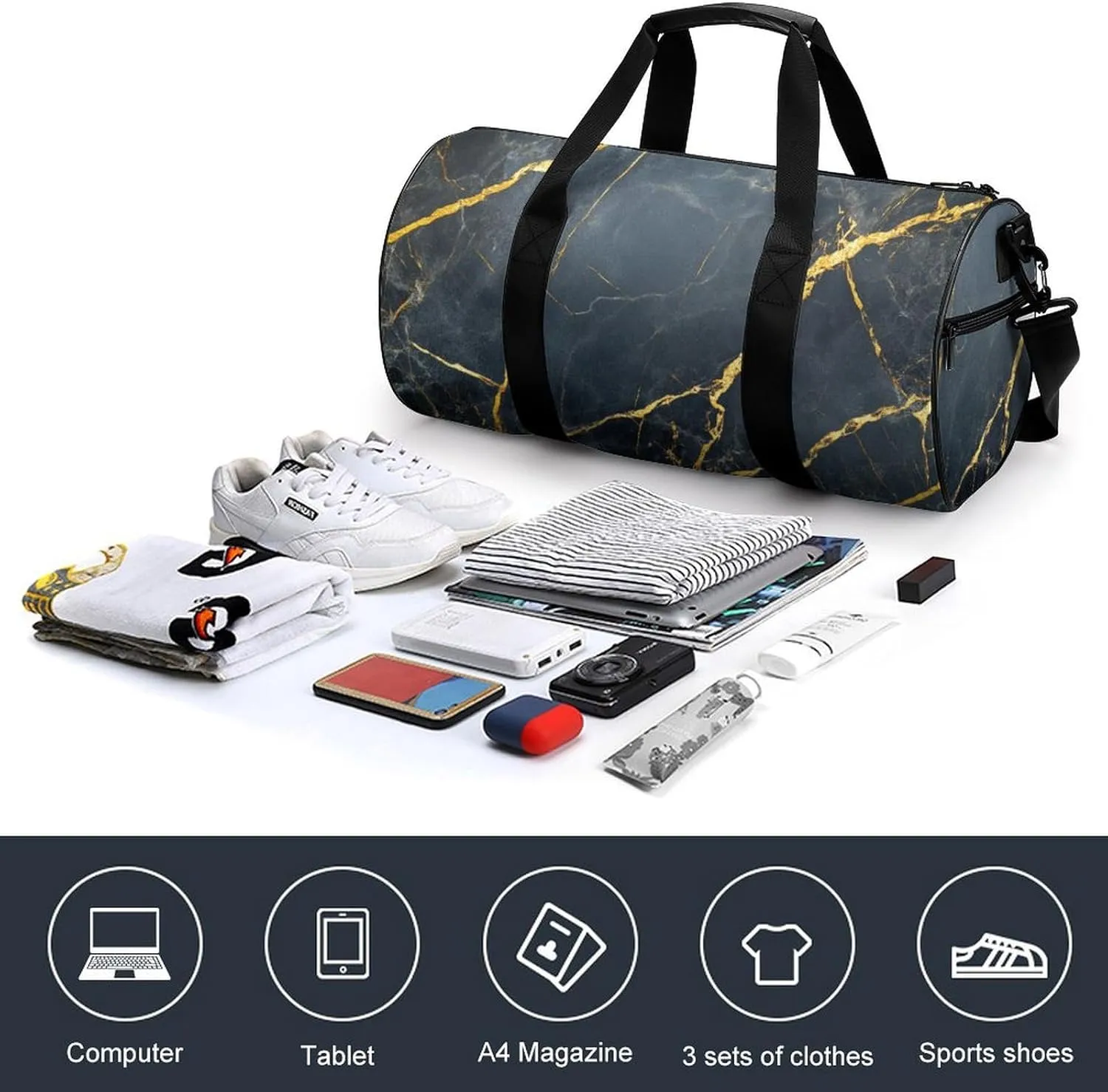 Polished Black Marble with Golden Veins Travel Gym Bag for Women Men Cylindrical Duffle Bag Sport Workout Bag with Shoulder Strap