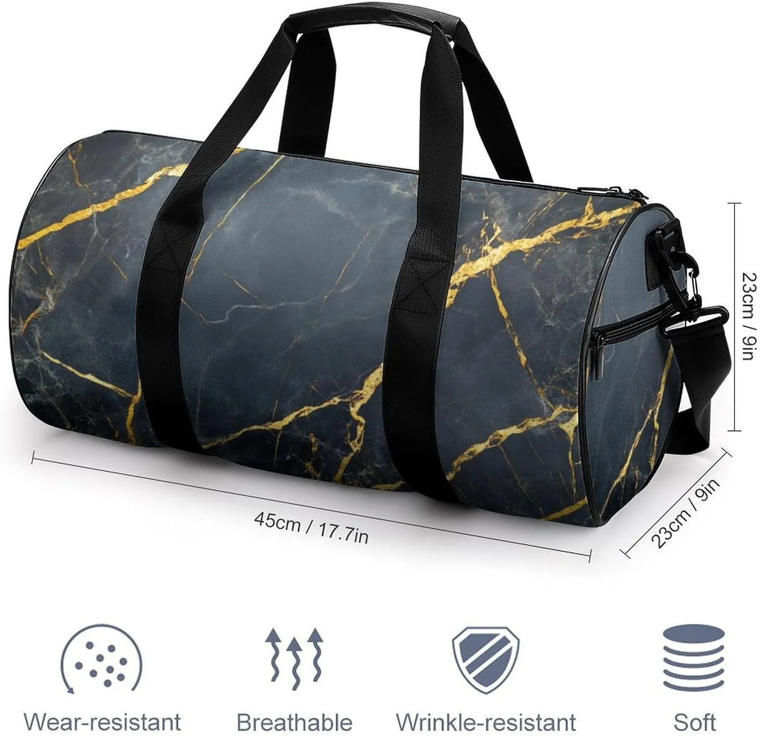Polished Black Marble with Golden Veins Travel Gym Bag for Women Men Cylindrical Duffle Bag Sport Workout Bag with Shoulder Strap