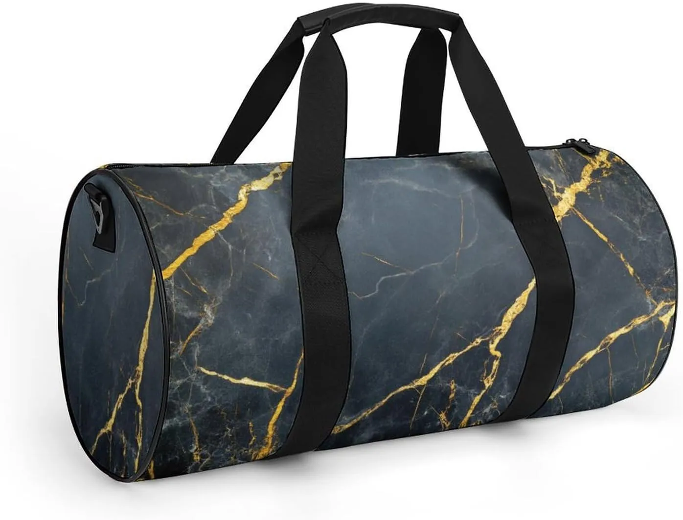 Polished Black Marble with Golden Veins Travel Gym Bag for Women Men Cylindrical Duffle Bag Sport Workout Bag with Shoulder Strap