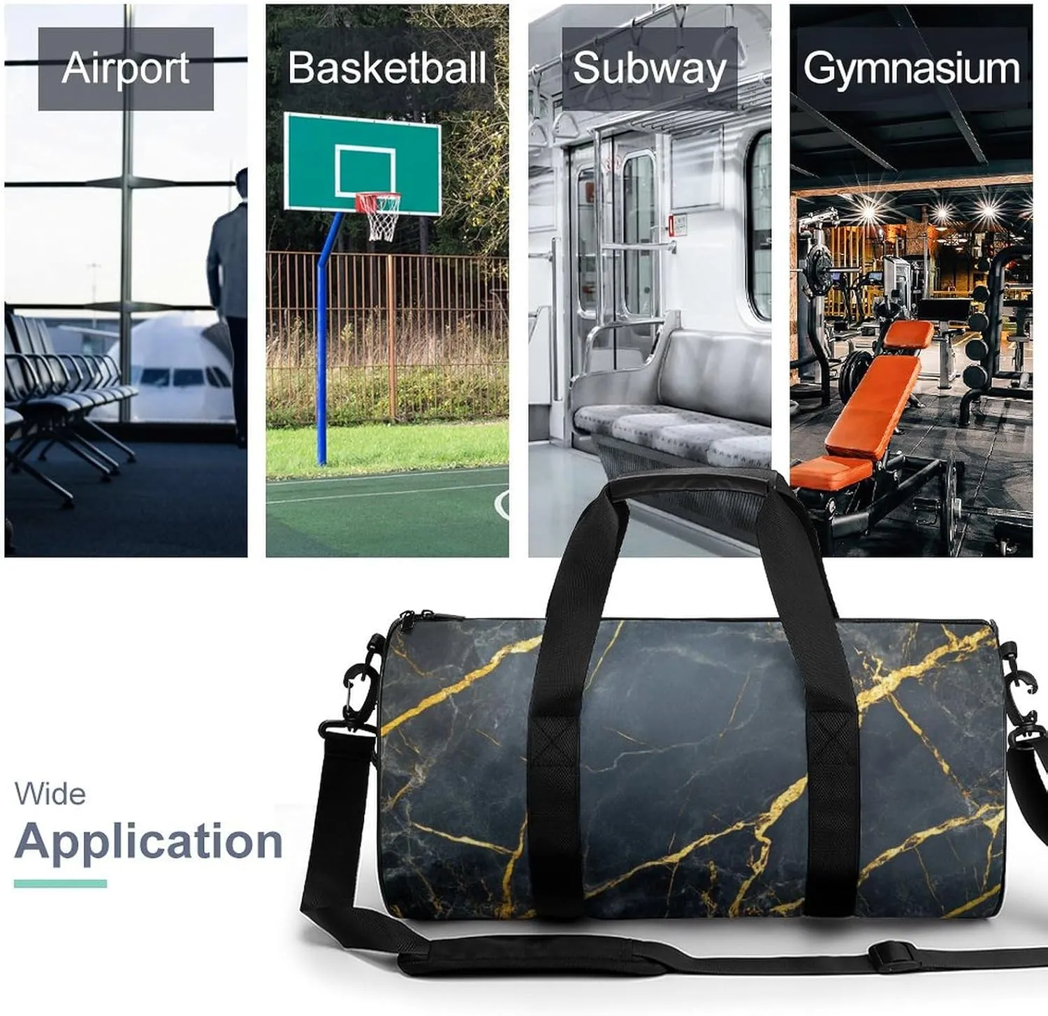 Polished Black Marble with Golden Veins Travel Gym Bag for Women Men Cylindrical Duffle Bag Sport Workout Bag with Shoulder Strap