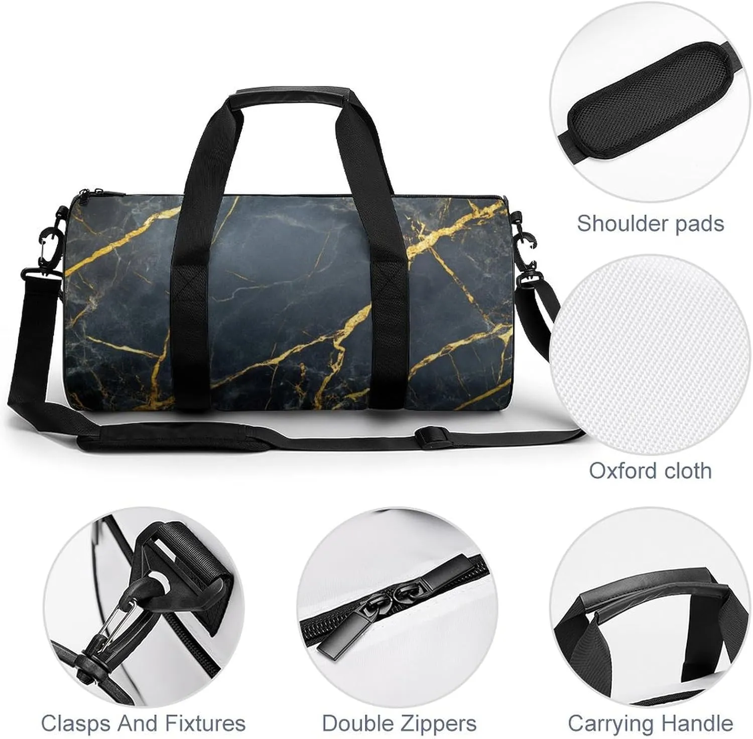 Polished Black Marble with Golden Veins Travel Gym Bag for Women Men Cylindrical Duffle Bag Sport Workout Bag with Shoulder Strap