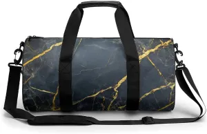 Polished Black Marble with Golden Veins Travel Gym Bag for Women Men Cylindrical Duffle Bag Sport Workout Bag with Shoulder Strap