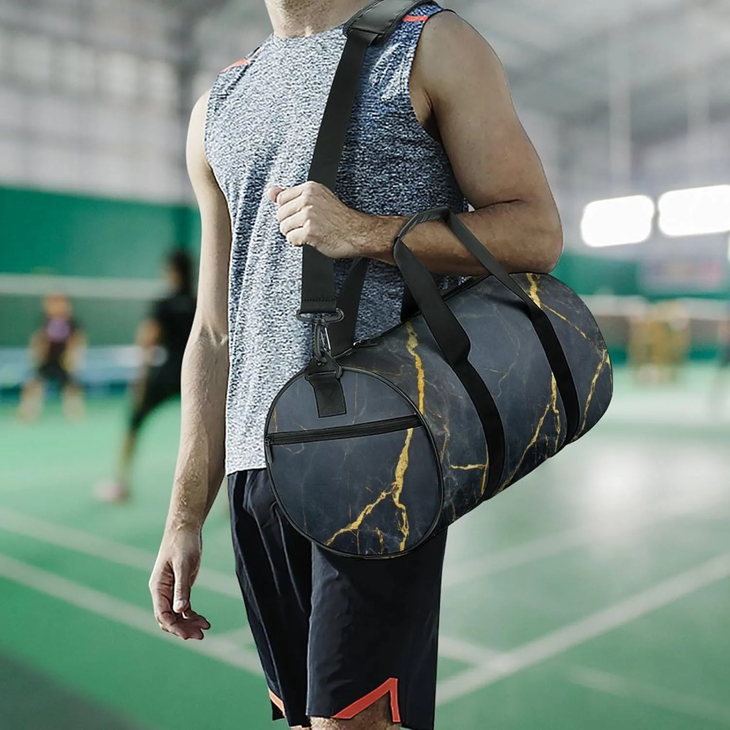 Polished Black Marble with Golden Veins Travel Gym Bag for Women Men Cylindrical Duffle Bag Sport Workout Bag with Shoulder Strap