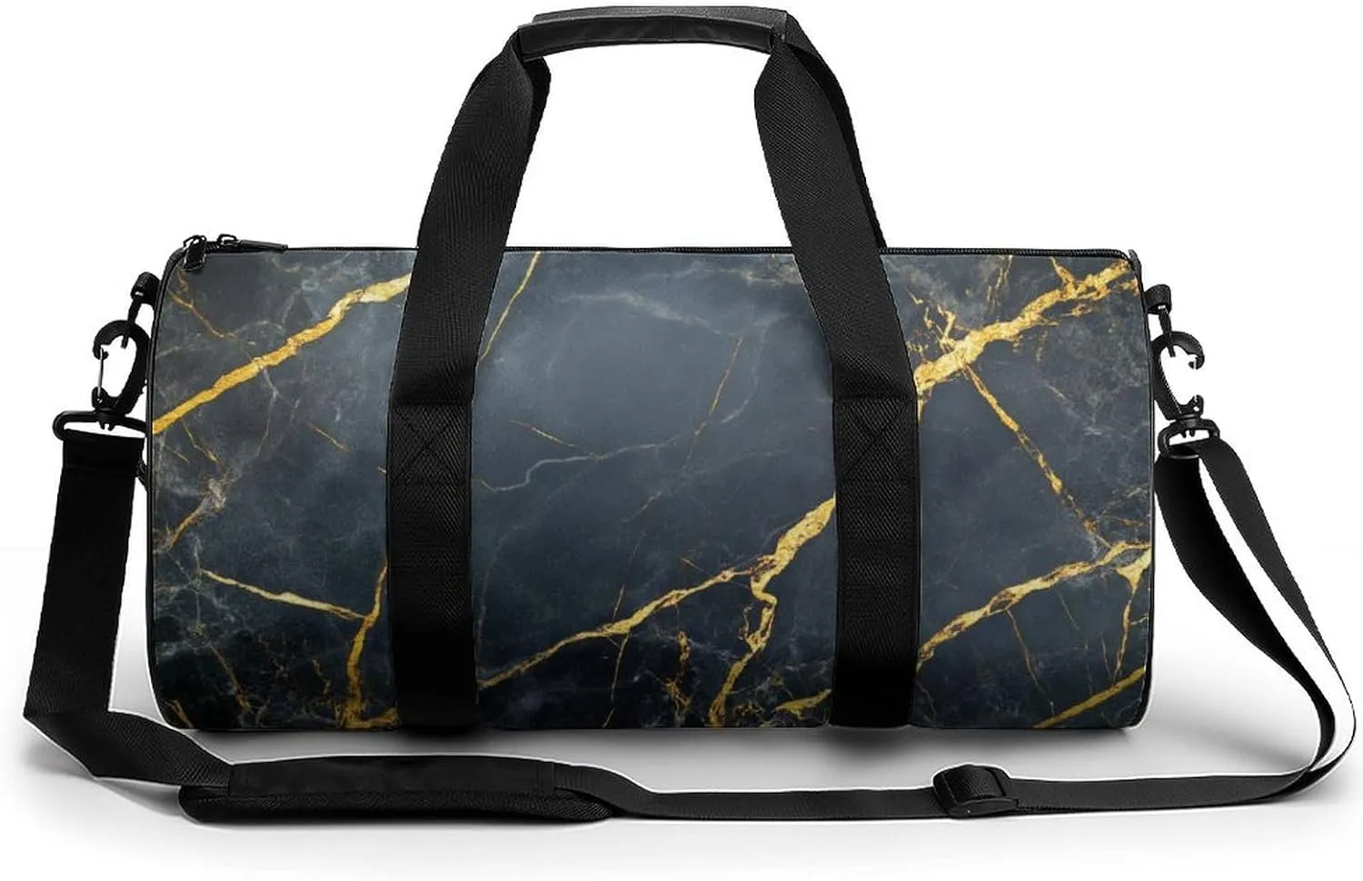 Polished Black Marble with Golden Veins Travel Gym Bag for Women Men Cylindrical Duffle Bag Sport Workout Bag with Shoulder Strap