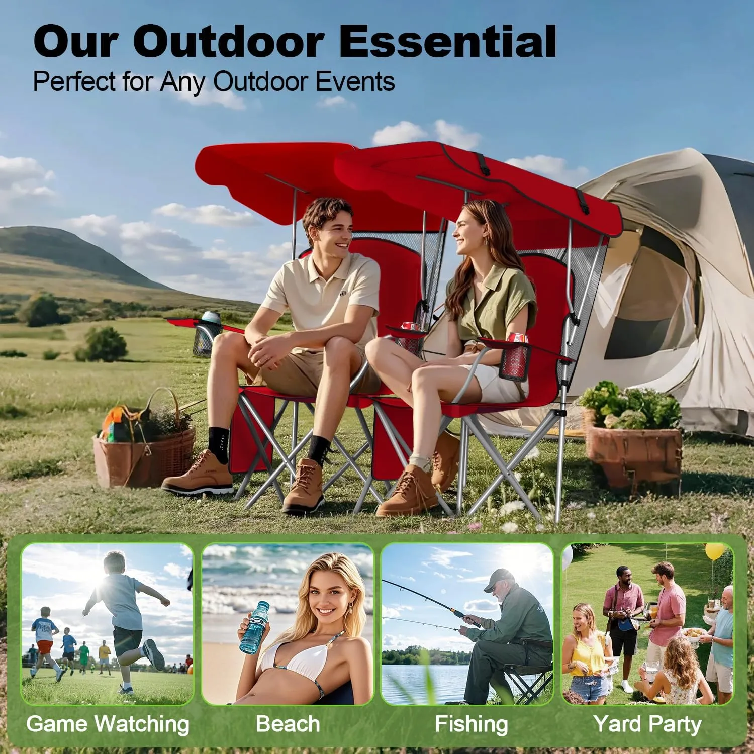 Portable Camping Chair with Canopy - Folding Chair with Canopy, Durable 600D Oxford Canopy Chair for Camping, Beach, Picnics, Fishing & Sports