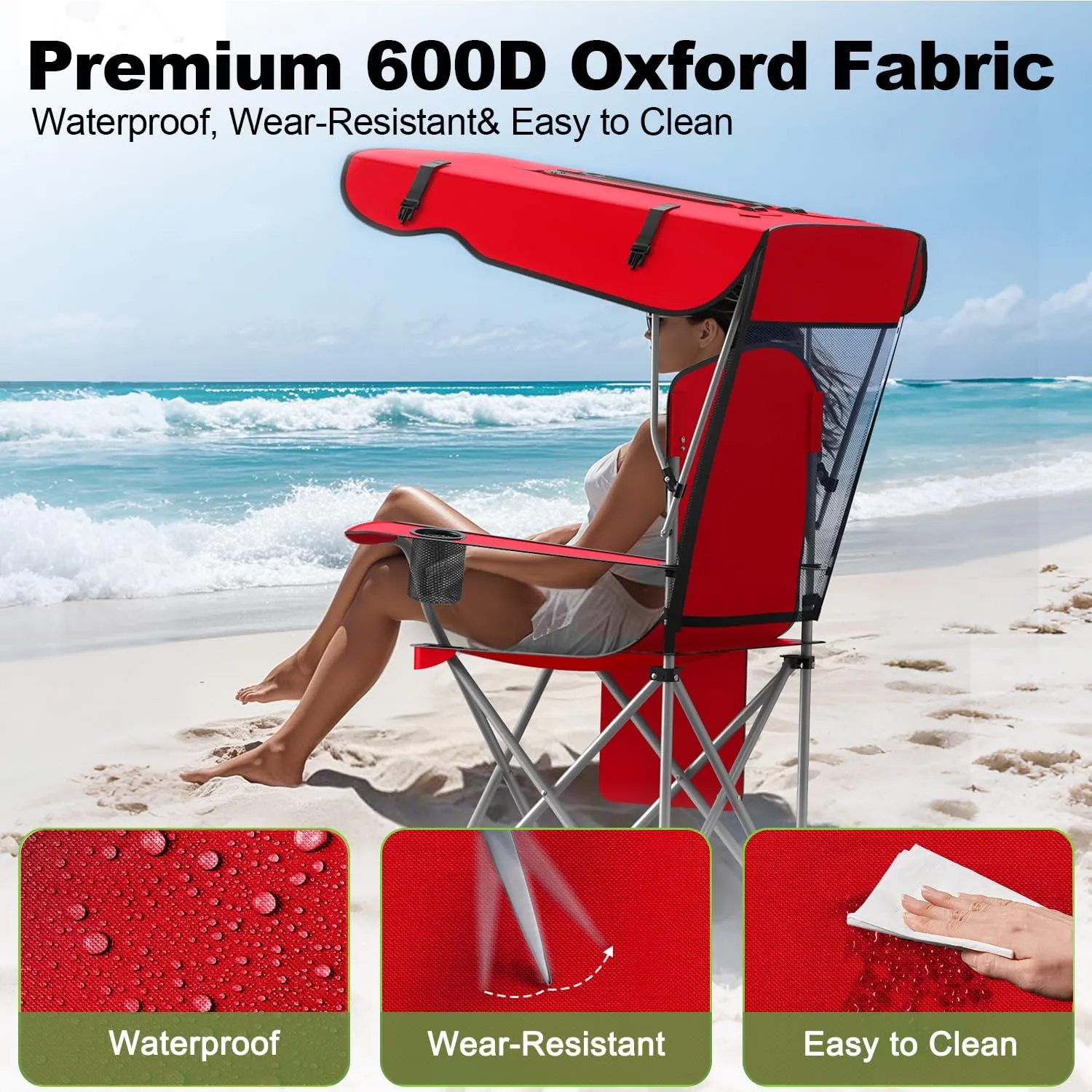 Portable Camping Chair with Canopy - Folding Chair with Canopy, Durable 600D Oxford Canopy Chair for Camping, Beach, Picnics, Fishing & Sports