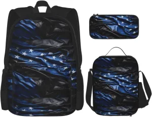 Premium American Blue Line Flag Print 3-in-1 Backpack Set with Lunch Bag & Pencil Case Portable Bag Set