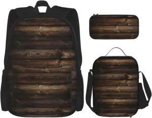 Premium Brown Wooden Print 3-in-1 Backpack Set with Lunch Bag & Pencil Case Portable Bag Set