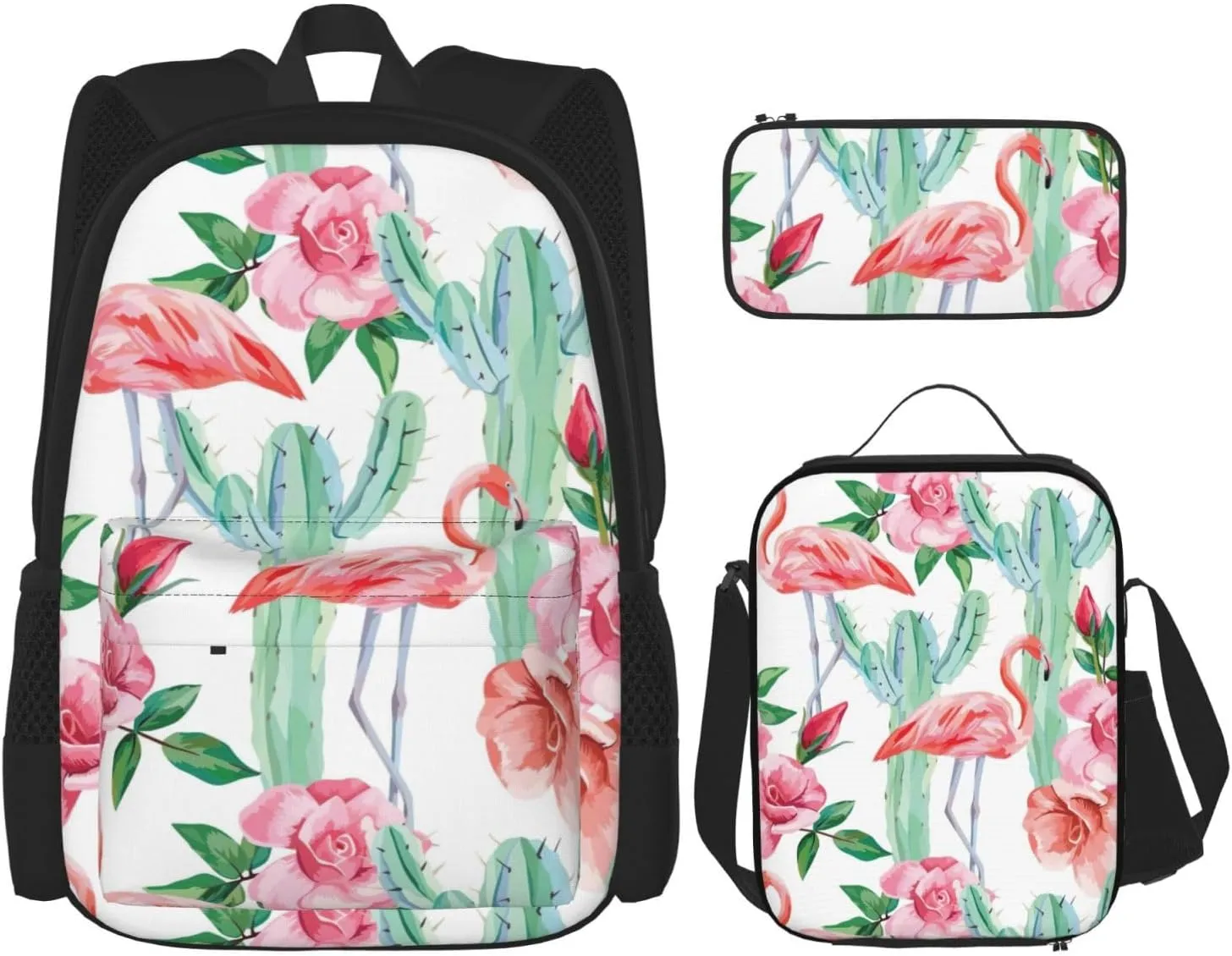 Premium Cactus Flamingo Rose Flowers Print 3-in-1 Backpack Set with Lunch Bag & Pencil Case Portable Bag Set