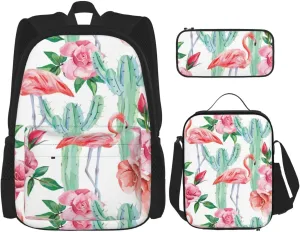 Premium Cactus Flamingo Rose Flowers Print 3-in-1 Backpack Set with Lunch Bag & Pencil Case Portable Bag Set