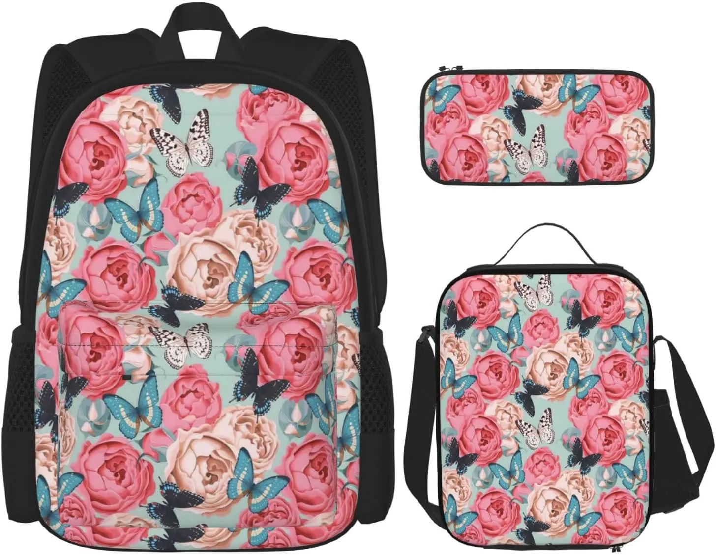 Premium Colorful Flowers Print 3-in-1 Backpack Set with Lunch Bag & Pencil Case Portable Bag Set