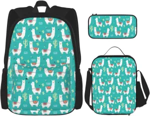 Premium Cute White Llama and Cactus Print 3-in-1 Backpack Set with Lunch Bag & Pencil Case Portable Bag Set