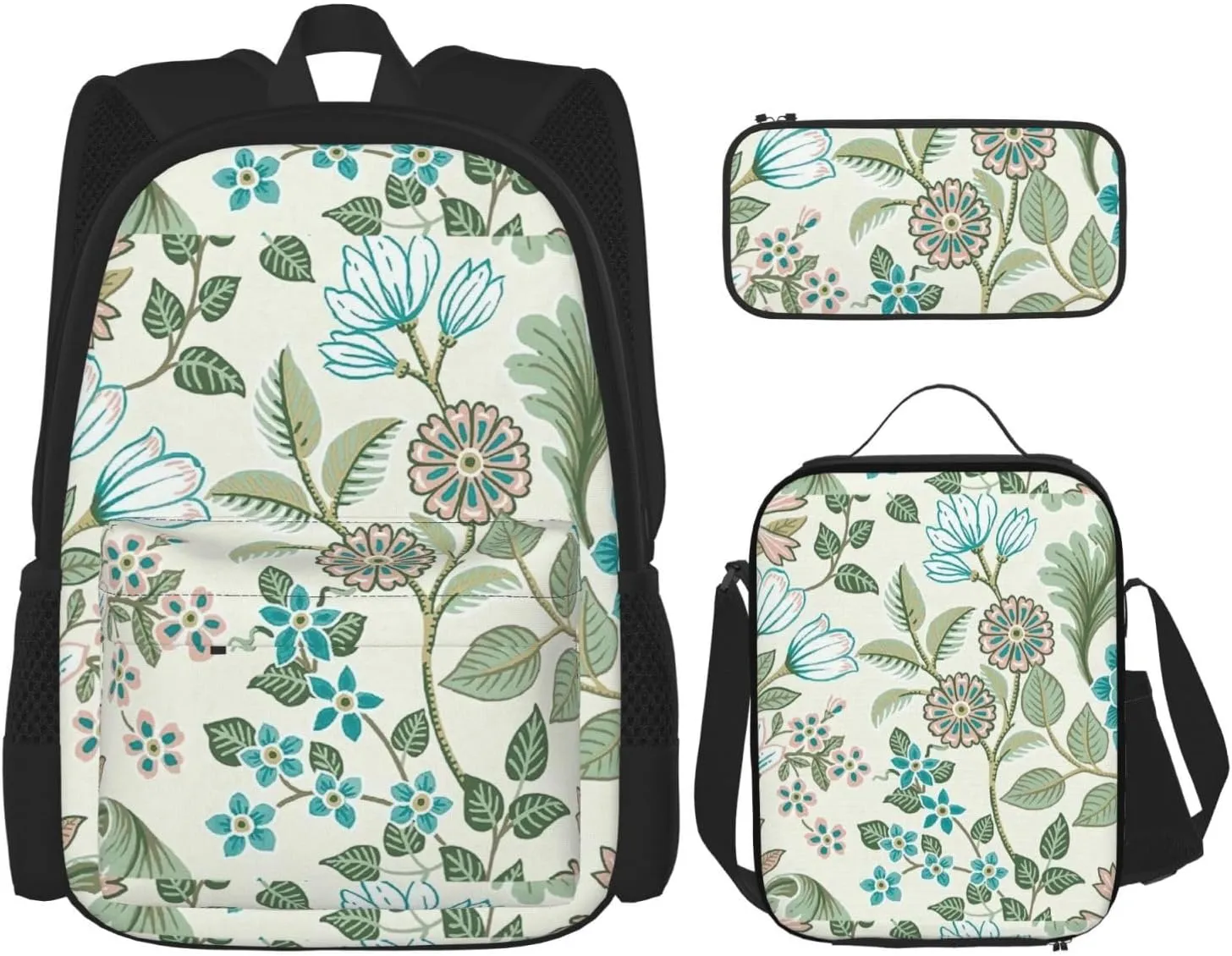 Premium Green flower. Print 3-in-1 Backpack Set with Lunch Bag & Pencil Case Portable Bag Set