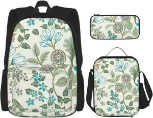 Premium Green flower. Print 3-in-1 Backpack Set with Lunch Bag & Pencil Case Portable Bag Set