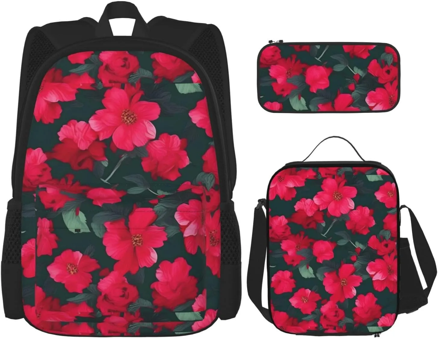 Premium Red Pink Flower Print 3-in-1 Backpack Set with Lunch Bag & Pencil Case Portable Bag Set