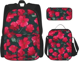 Premium Red Pink Flower Print 3-in-1 Backpack Set with Lunch Bag & Pencil Case Portable Bag Set