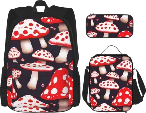 Premium Red White and Mushroom Print 3-in-1 Backpack Set with Lunch Bag & Pencil Case Portable Bag Set