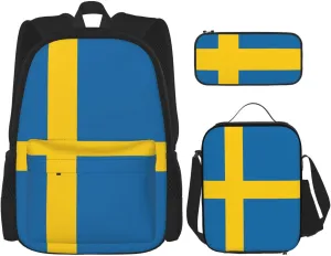 Premium Swedish flag Print 3-in-1 Backpack Set with Lunch Bag & Pencil Case Portable Bag Set