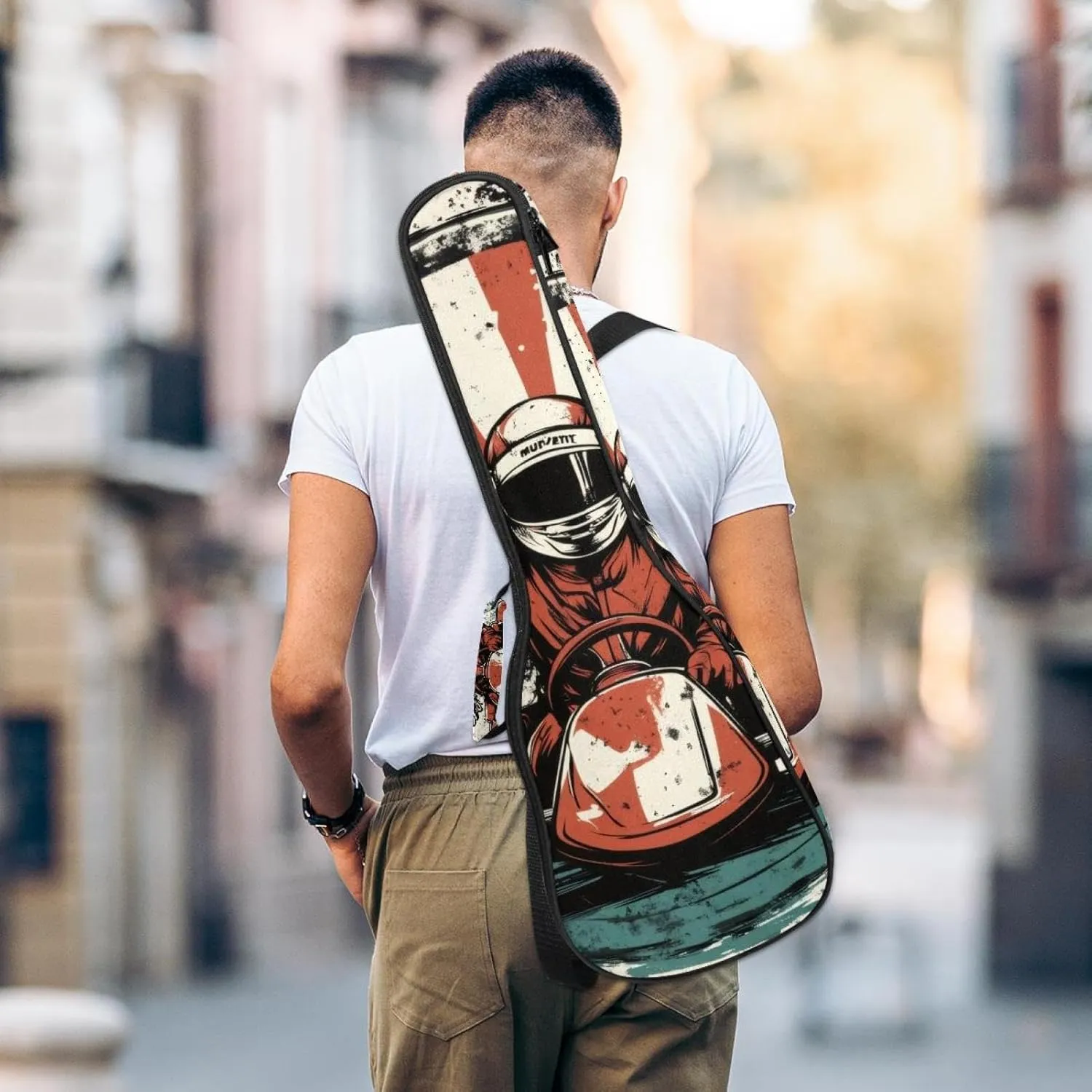 Racer in a Victory Pose with Checkered Flag Ukulele Case, Padded Bag for 23 Inch Concert Ukulele, Waterproof & Durable
