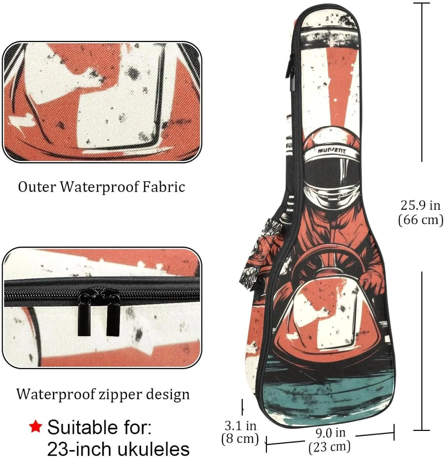 Racer in a Victory Pose with Checkered Flag Ukulele Case, Padded Bag for 23 Inch Concert Ukulele, Waterproof & Durable