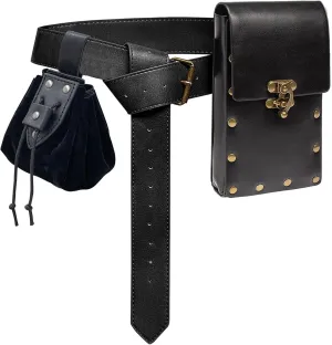 Renaissance Belt Pouch Coin Purse Skirt Hike Set Medieval Festival Costume Halloween Accessories Casual Fanny Pack Waist Bag (2Pouch-0Black)