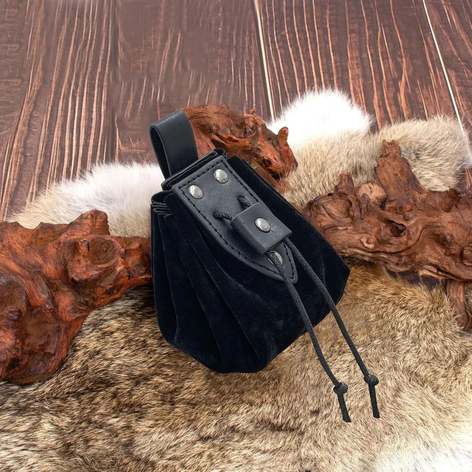 Renaissance Belt Pouch Coin Purse Skirt Hike Set Medieval Festival Costume Halloween Accessories Casual Fanny Pack Waist Bag (2Pouch-0Black)