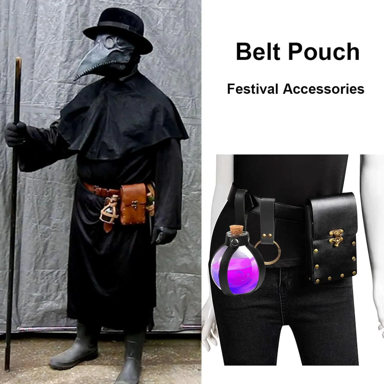 Renaissance Costume Sets Belt Pouch Purse Alight Potion Bottle Skirt Hike Set Medieval Festival Accessories for Hallowee (3-Brown)