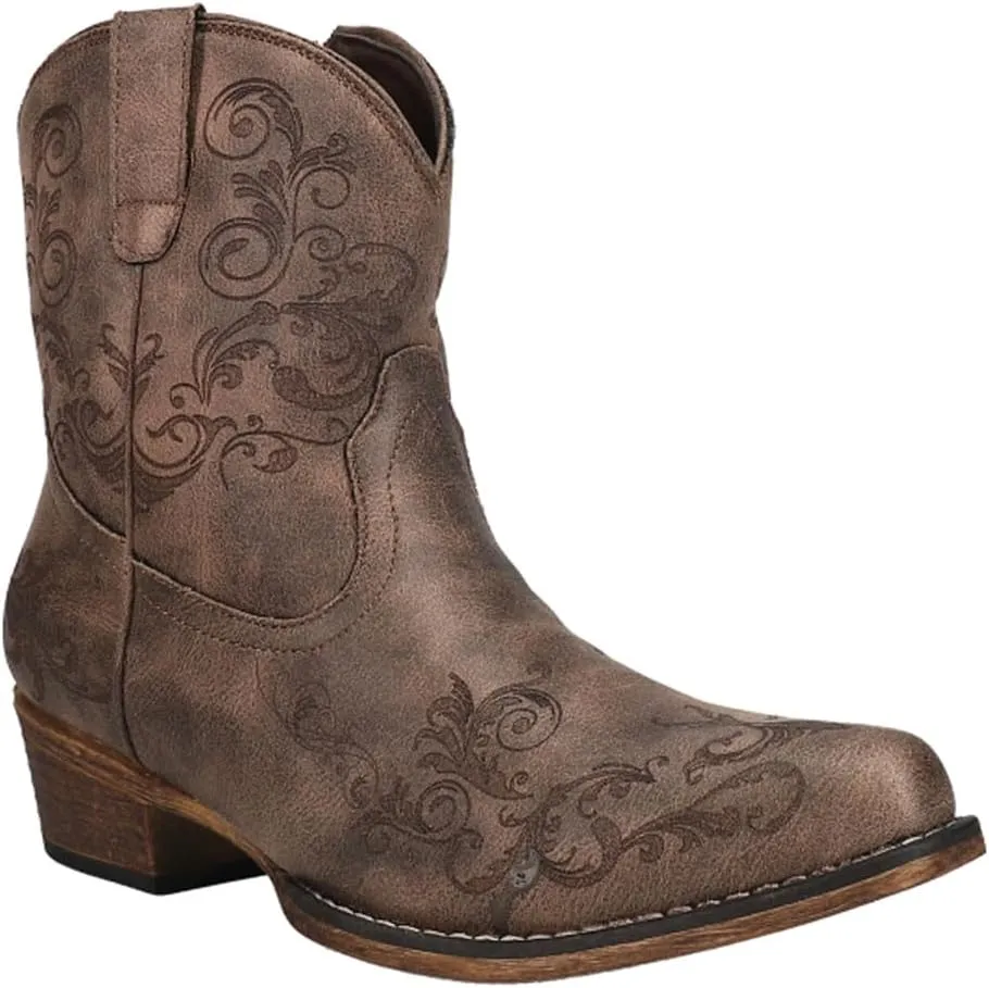 ROPER Womens Short Stuff Embossed Snip Toe Casual Boots Ankle Low Heel 1-2" - Brown