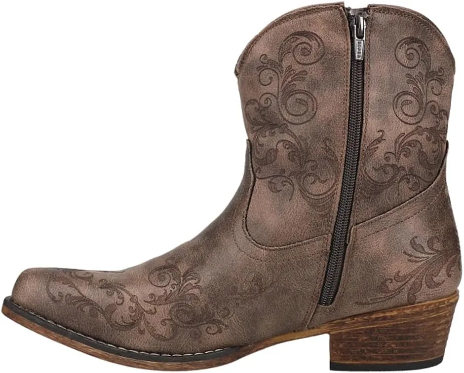 ROPER Womens Short Stuff Embossed Snip Toe Casual Boots Ankle Low Heel 1-2" - Brown
