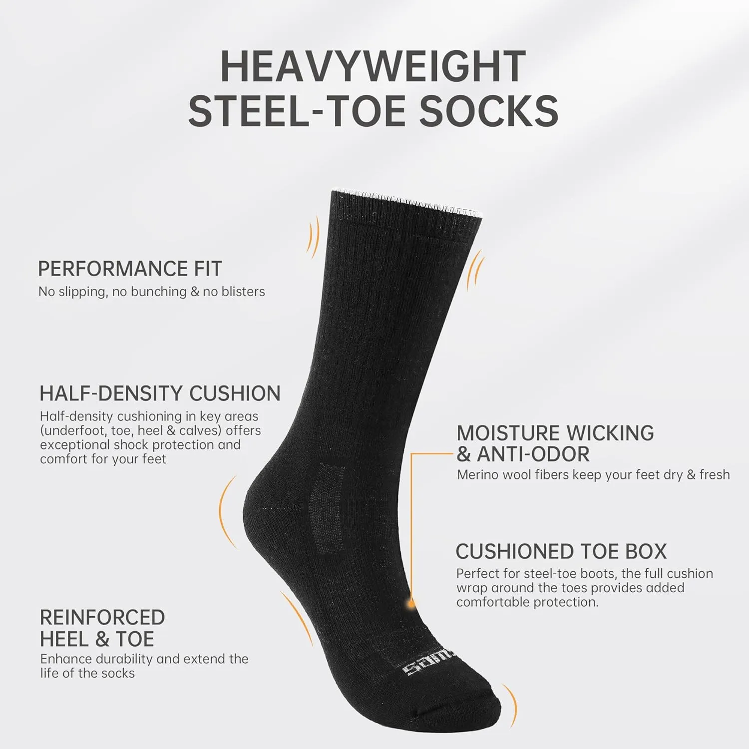 SAMSOX Merino Wool Boot Socks, Made in USA Heavyweight with Cushioned Toe Box, Steel Toe Crew Work Socks (Ironman)