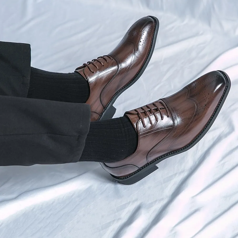 Santimon Men's Leather Oxford Dress Shoes with Perforated Brogues Details Lace-Up Formal & Business Derby Shoes