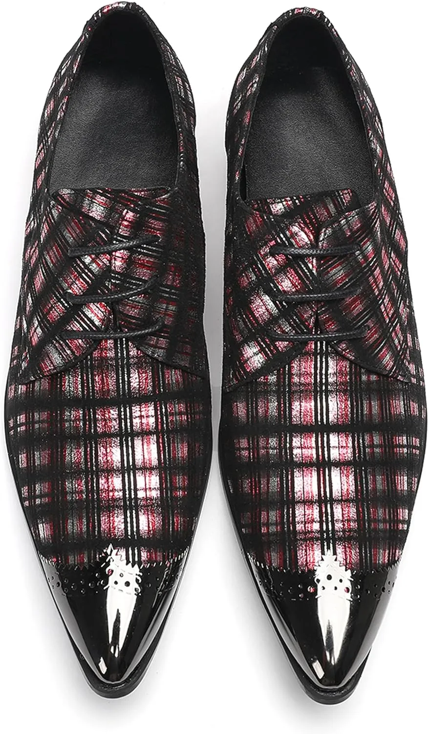 Santimon Men’s Plaid Patent-Leather Dress Casual Shoes – Metal Pointed Toe Lace-Up Oxford, Fashion Red & Black Formal Shoes for Weddings, Prom, Parties, Business & Evening Wear