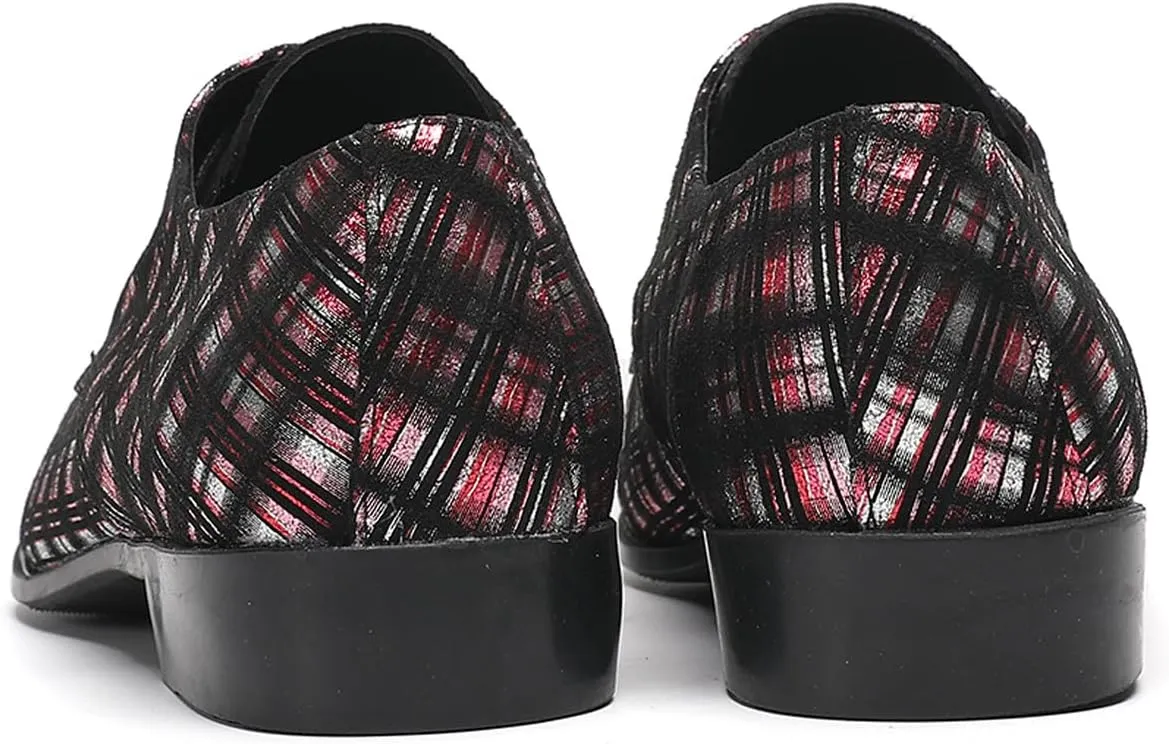 Santimon Men’s Plaid Patent-Leather Dress Casual Shoes – Metal Pointed Toe Lace-Up Oxford, Fashion Red & Black Formal Shoes for Weddings, Prom, Parties, Business & Evening Wear
