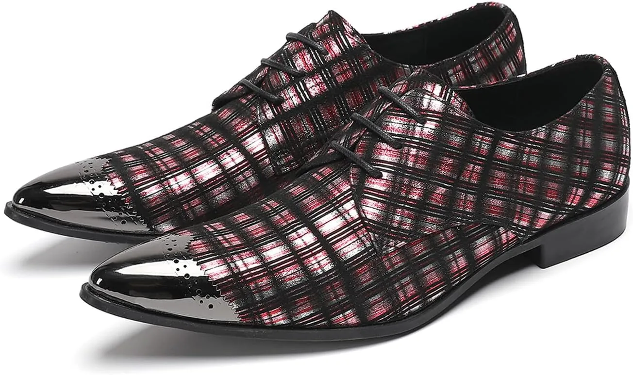 Santimon Men’s Plaid Patent-Leather Dress Casual Shoes – Metal Pointed Toe Lace-Up Oxford, Fashion Red & Black Formal Shoes for Weddings, Prom, Parties, Business & Evening Wear
