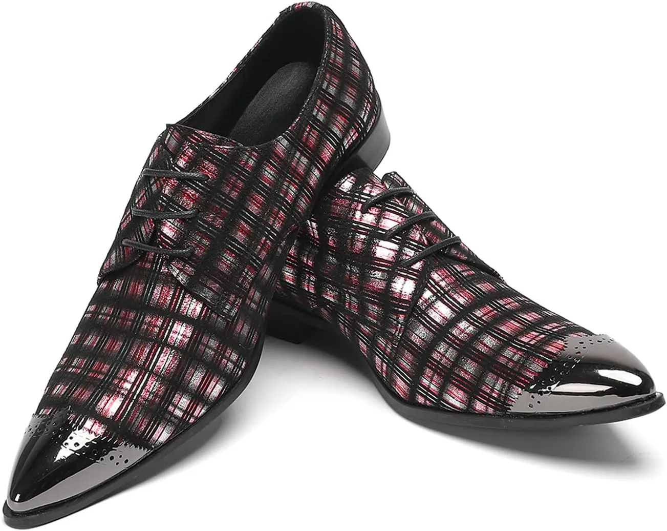 Santimon Men’s Plaid Patent-Leather Dress Casual Shoes – Metal Pointed Toe Lace-Up Oxford, Fashion Red & Black Formal Shoes for Weddings, Prom, Parties, Business & Evening Wear