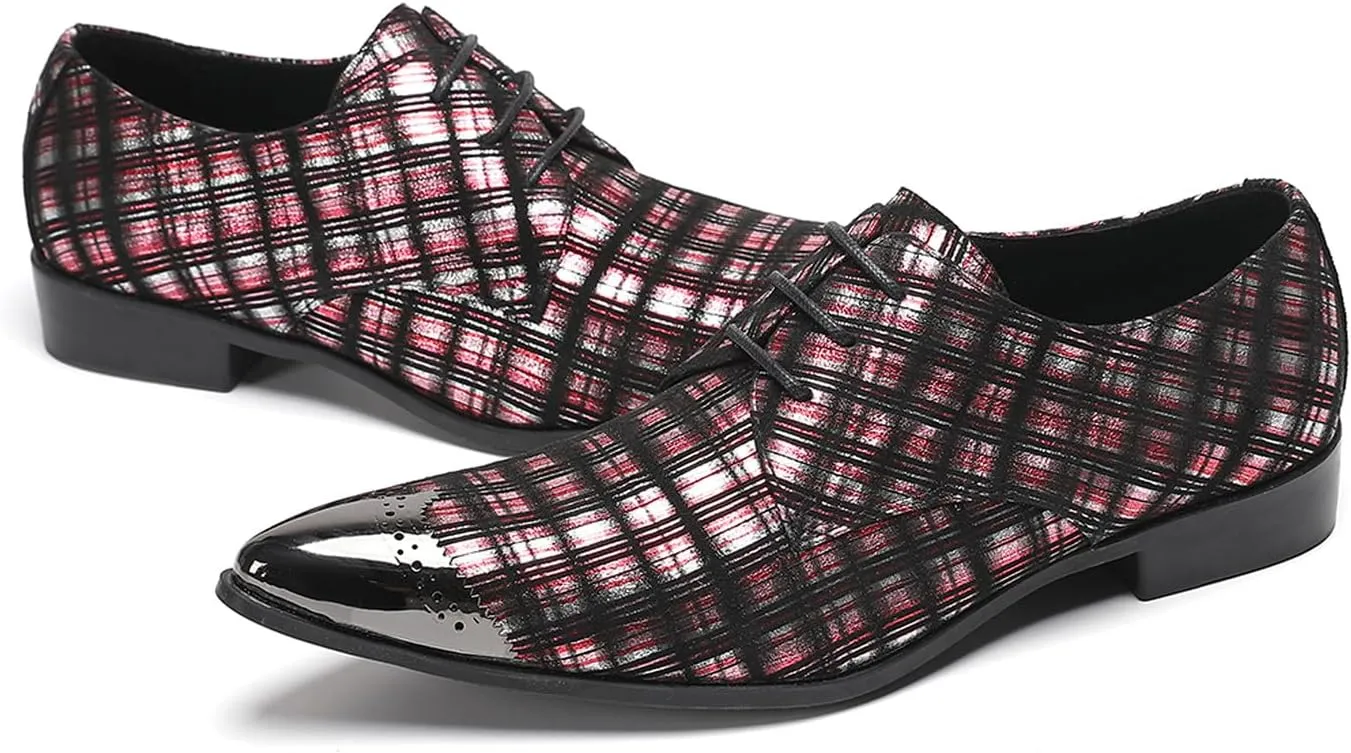 Santimon Men’s Plaid Patent-Leather Dress Casual Shoes – Metal Pointed Toe Lace-Up Oxford, Fashion Red & Black Formal Shoes for Weddings, Prom, Parties, Business & Evening Wear