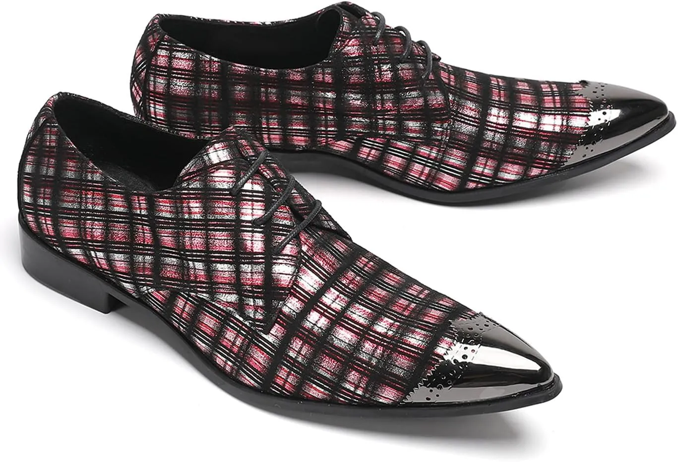 Santimon Men’s Plaid Patent-Leather Dress Casual Shoes – Metal Pointed Toe Lace-Up Oxford, Fashion Red & Black Formal Shoes for Weddings, Prom, Parties, Business & Evening Wear