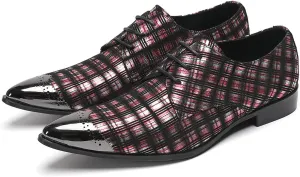 Santimon Men’s Plaid Patent-Leather Dress Casual Shoes – Metal Pointed Toe Lace-Up Oxford, Fashion Red & Black Formal Shoes for Weddings, Prom, Parties, Business & Evening Wear