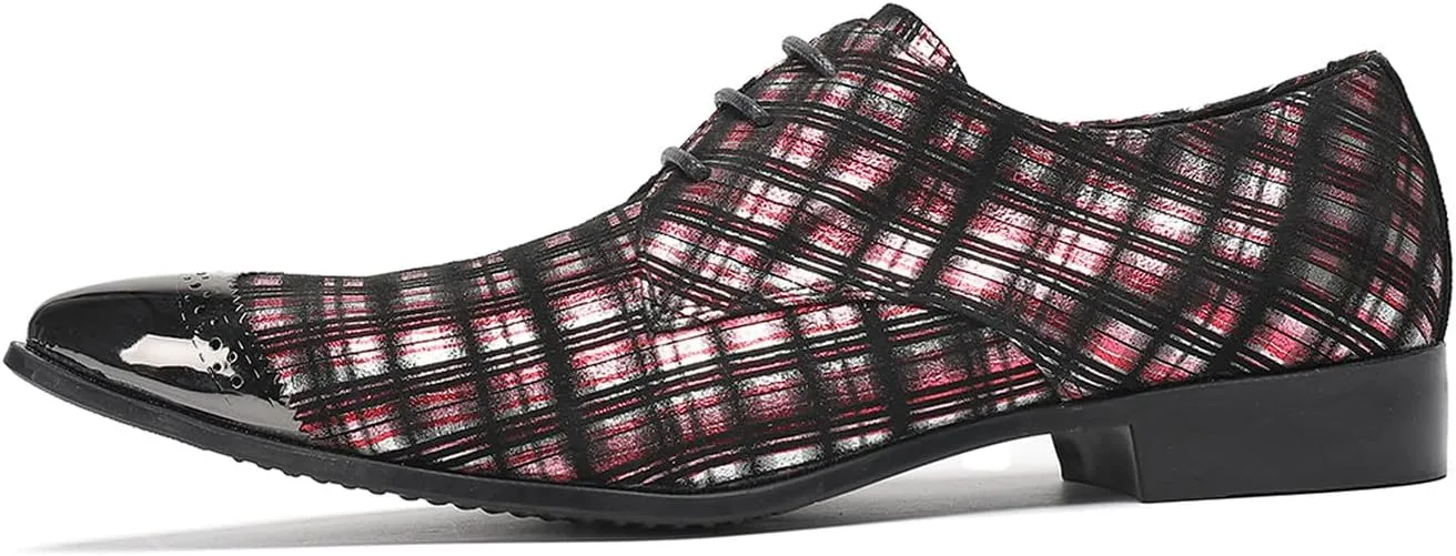 Santimon Men’s Plaid Patent-Leather Dress Casual Shoes – Metal Pointed Toe Lace-Up Oxford, Fashion Red & Black Formal Shoes for Weddings, Prom, Parties, Business & Evening Wear