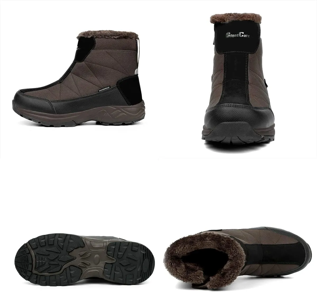 SILENTCARE Men's Warm Snow Boots, Fur Lined Waterproof Winter Shoes, Anti-Slip Lightweight Ankle Boot