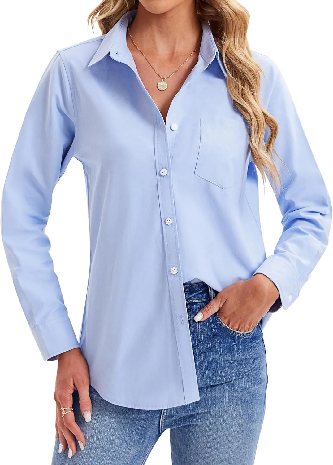 siliteelon Womens Button Down Shirts Long Sleeve Collared Office Work Blouses Tops with Pocket Oxford Shirts