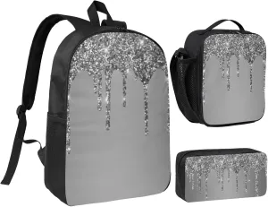 Silver Sparkle Glitter Drips 3-Piece Backpack Set – Lightweight backpack, Insulated Lunch Bag & Pencil Case, Durable Oxford for Travel/Work
