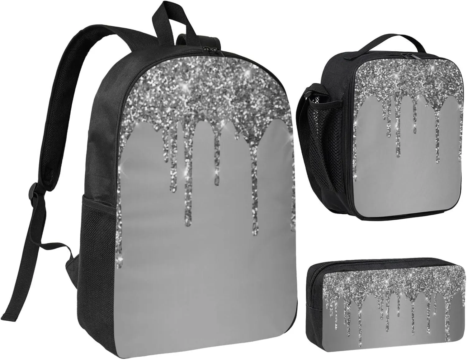 Silver Sparkle Glitter Drips 3-Piece Backpack Set – Lightweight backpack, Insulated Lunch Bag & Pencil Case, Durable Oxford for Travel/Work