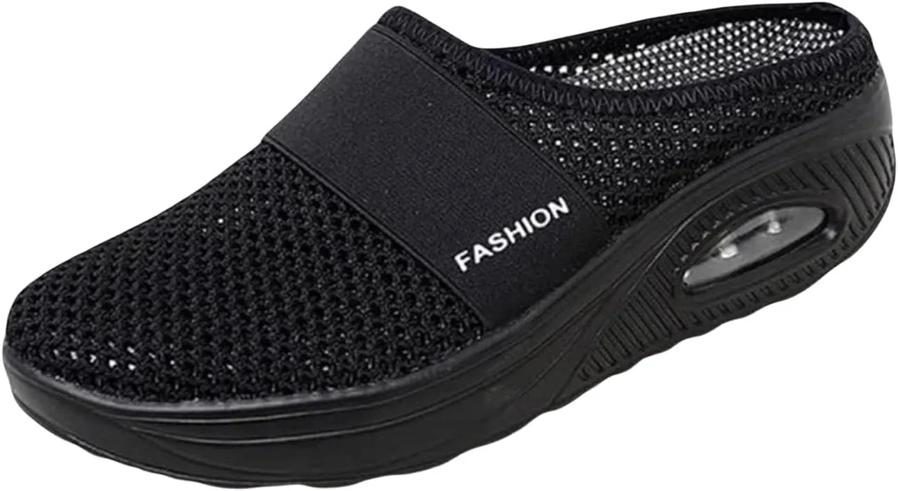 Slip On Mules for Women 2025 Breathable Mesh Orthopedic Slippers for Women with Arch Support Air-Cushion Open Back Walking Shoes Indoor Outdoor Casual Non Slip Diabetic Closed Toe Slides