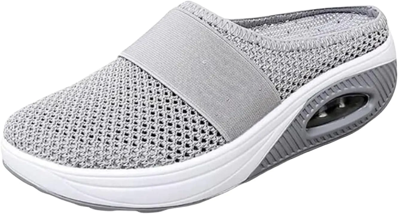 Slip On Mules for Women 2025 Breathable Mesh Orthopedic Slippers for Women with Arch Support Air-Cushion Open Back Walking Shoes Indoor Outdoor Casual Non Slip Diabetic Closed Toe Slides